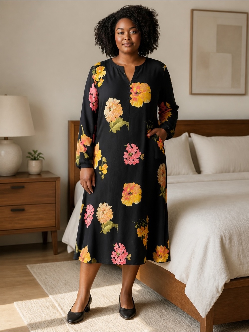 100% Silk Floral Long Sleeve Midi Dress in Black